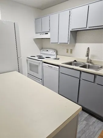 a kitchen with a sink a stove and cabinets