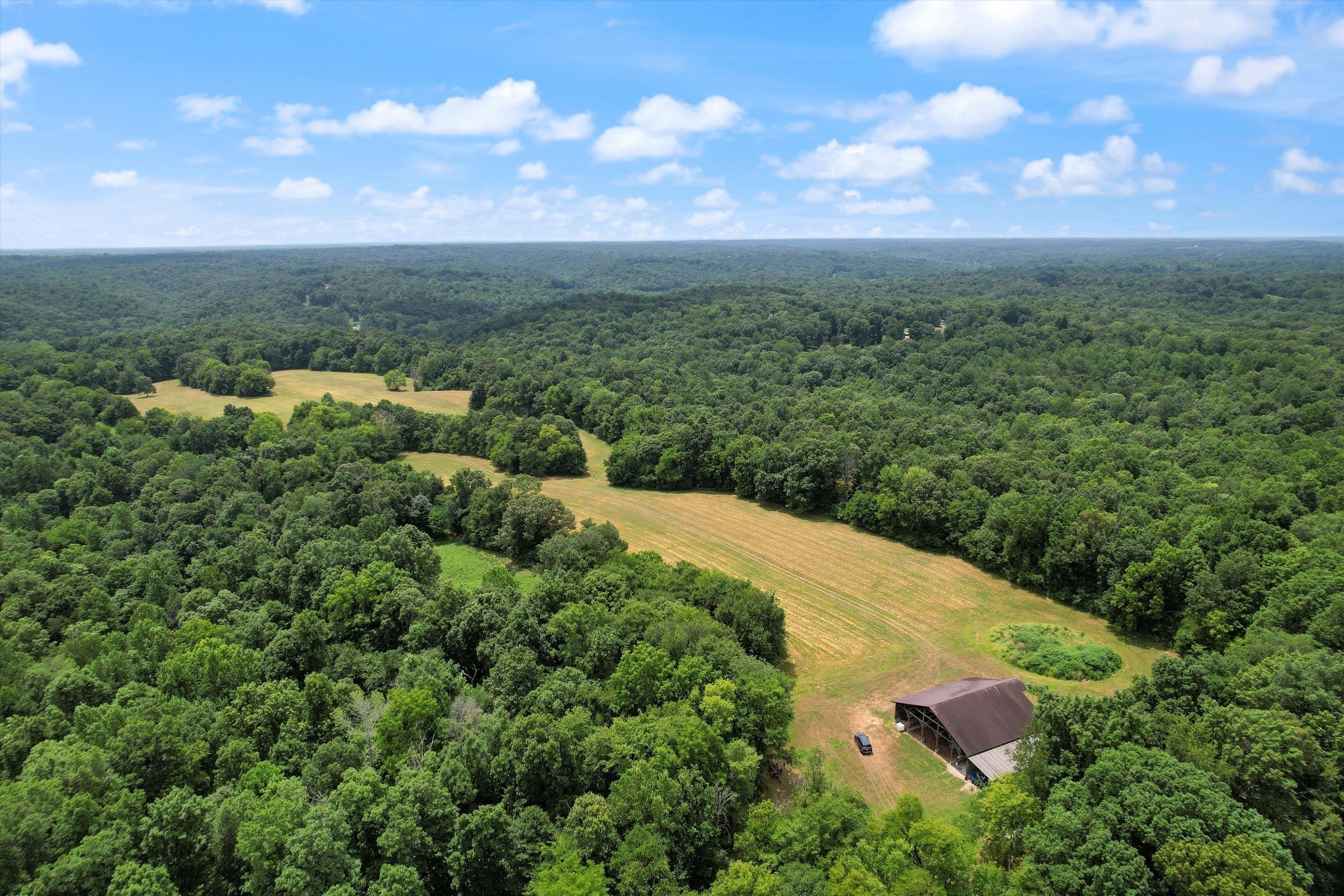 an aerial view of residential houses with outdoor space and trees