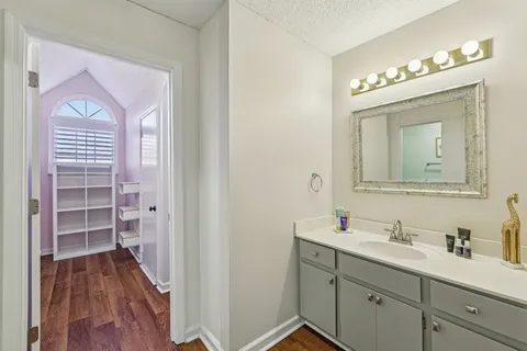 a bathroom with a sink vanity and a mirror