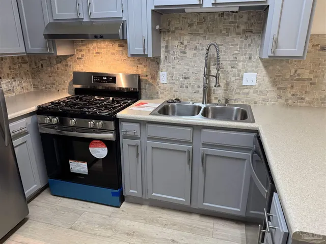 a kitchen with a stove and a cabinets