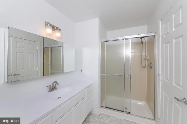 a bathroom with a shower sink and mirror