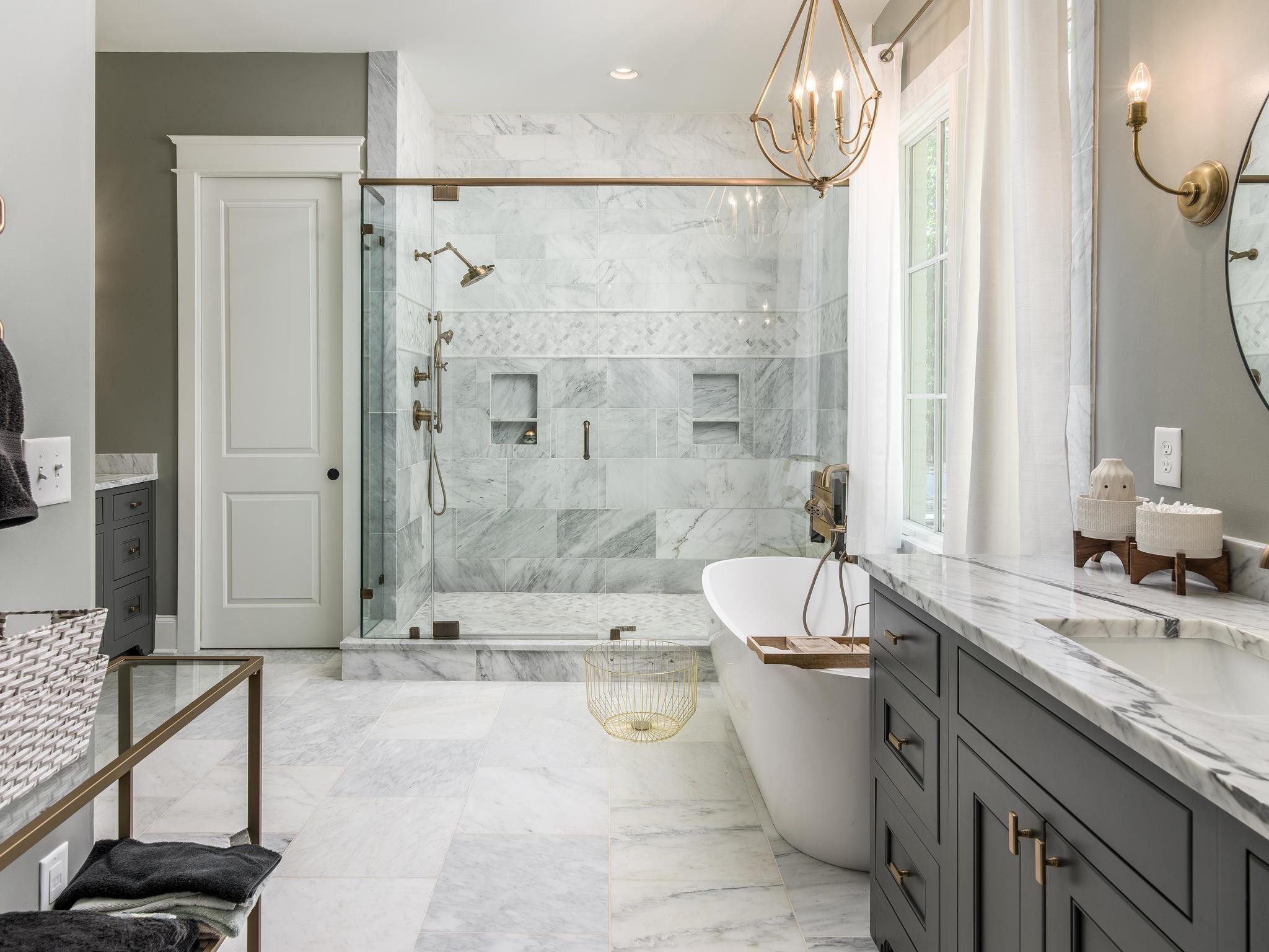 3520 Trimble Road Nashville, TN 37215 - Photo 24 of 44 a bathroom with a granite countertop sink a toilet a mirror and shower