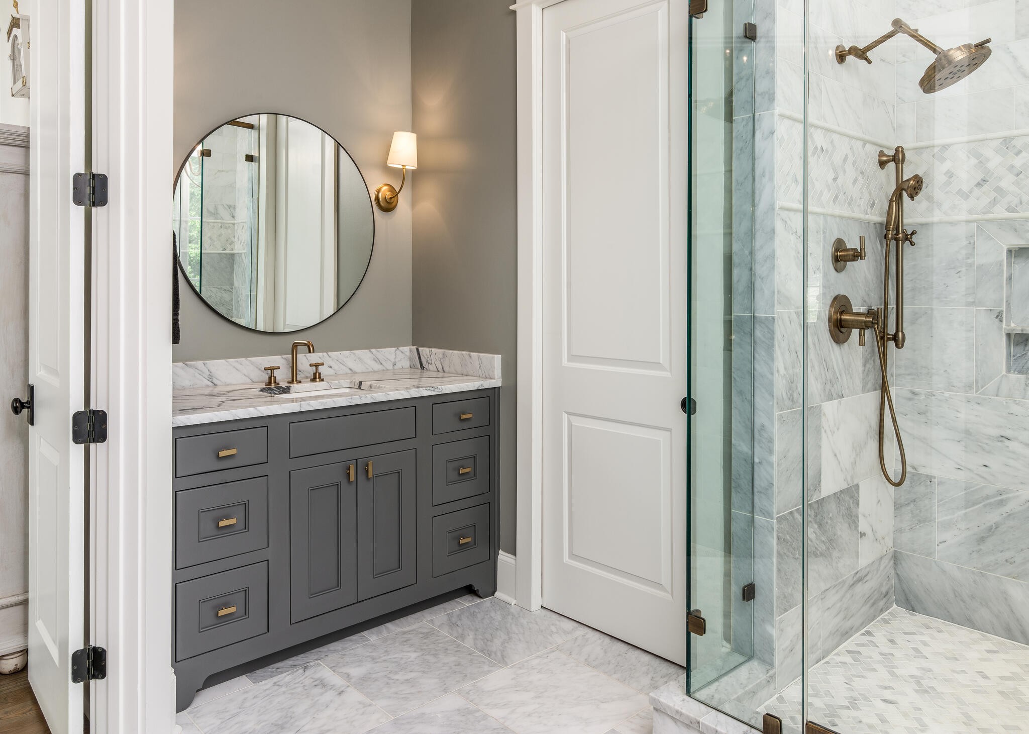 3520 Trimble Road Nashville, TN 37215 - Photo 27 of 44 a bathroom with a double vanity sink mirror and shower
