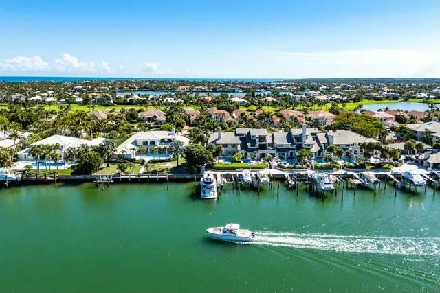 an aerial view of residential houses with outdoor space and lake view