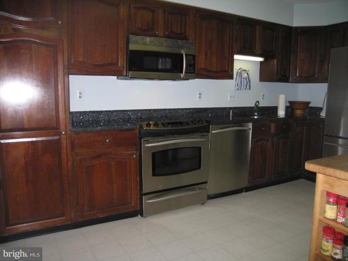 1077 30th Street Northwest, Unit 304 Washington, DC 20007 - Photo 5 of 27 a kitchen with granite countertop wood cabinets and stainless steel appliances