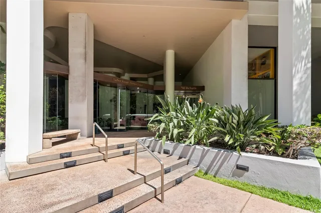 a building outdoor space with patio furniture