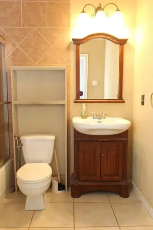 a bathroom with a sink a toilet and mirror