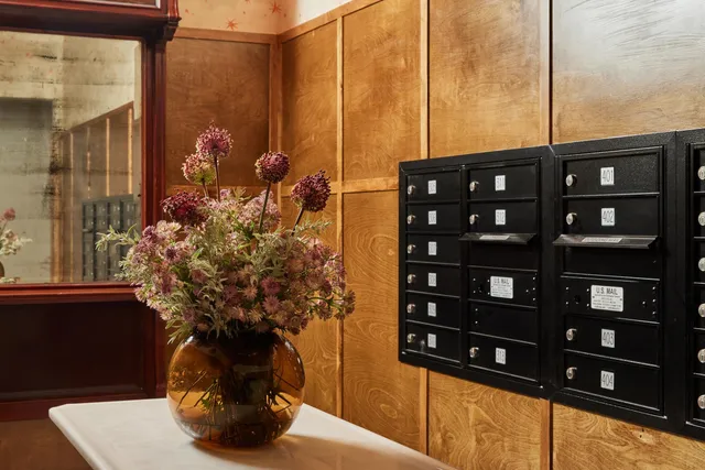 a view of a living room with a chair and potted plant