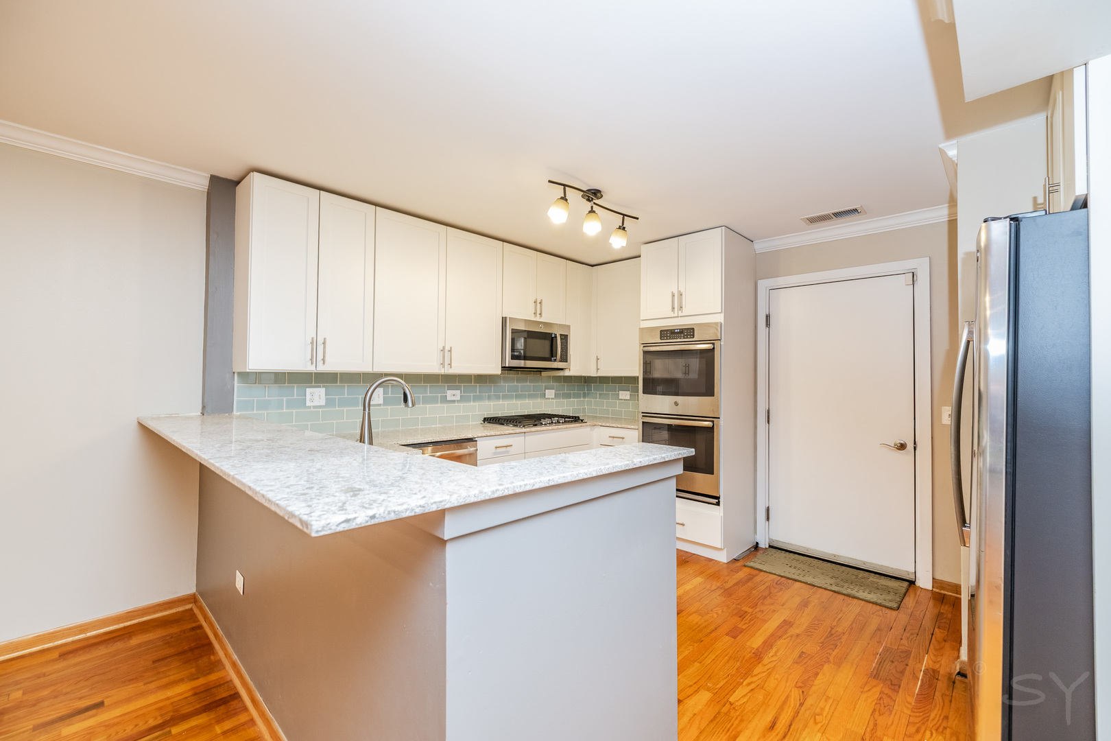 1812 South Federal Street, Unit 16 Chicago, IL 60616 - Photo 11 of 32 a kitchen with stainless steel appliances granite countertop a refrigerator a sink dishwasher a stove with white cabinets and wooden floor