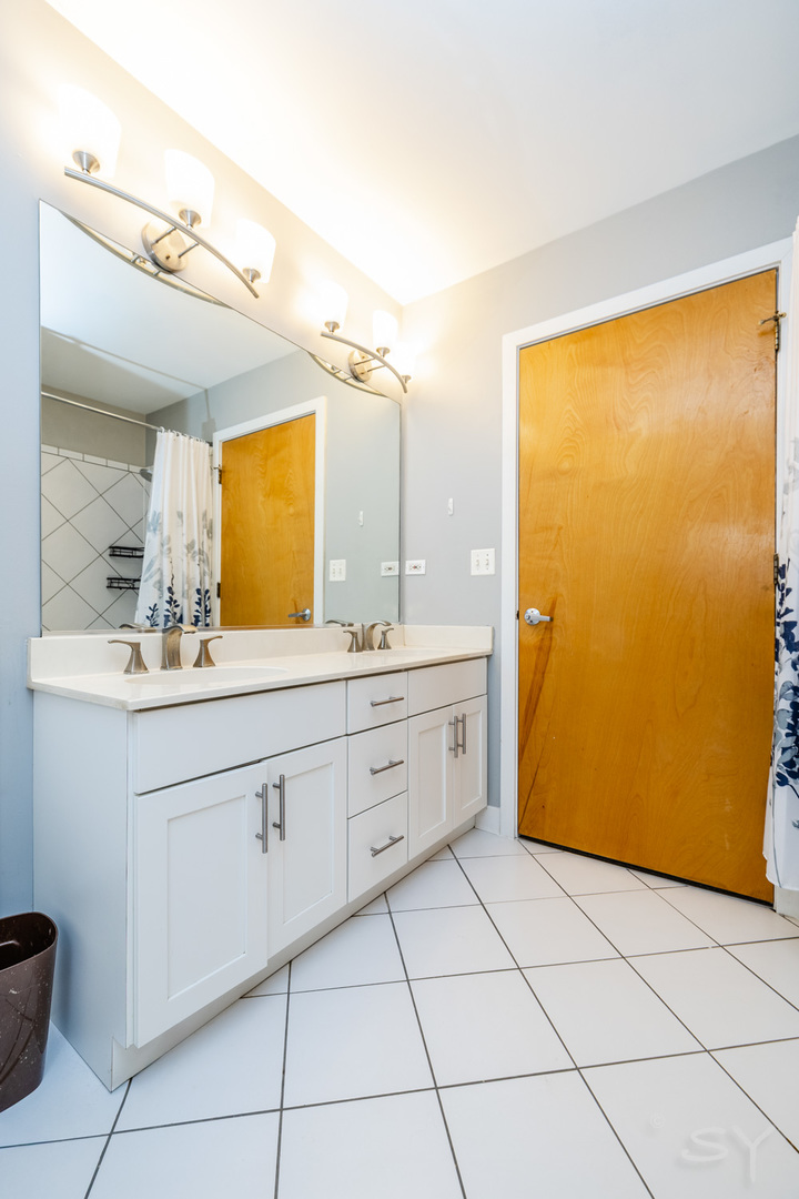 1812 South Federal Street, Unit 16 Chicago, IL 60616 - Photo 27 of 32 a spacious bathroom with a granite countertop sink and a mirror