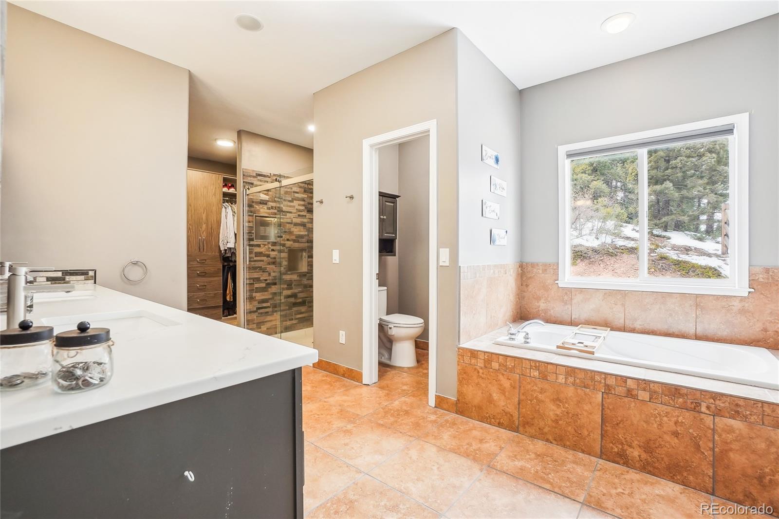 13084 Deer Ridge Way Larkspur, CO 80118 - Photo 23 of 48 a spacious bathroom with a tub a sink and a large mirror