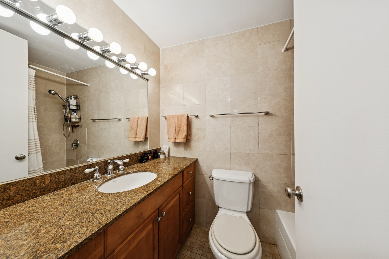 1030 North State Street, Unit 10K Chicago, IL 60610 - Photo 12 of 17 a bathroom with a granite countertop sink toilet a mirror and a shower