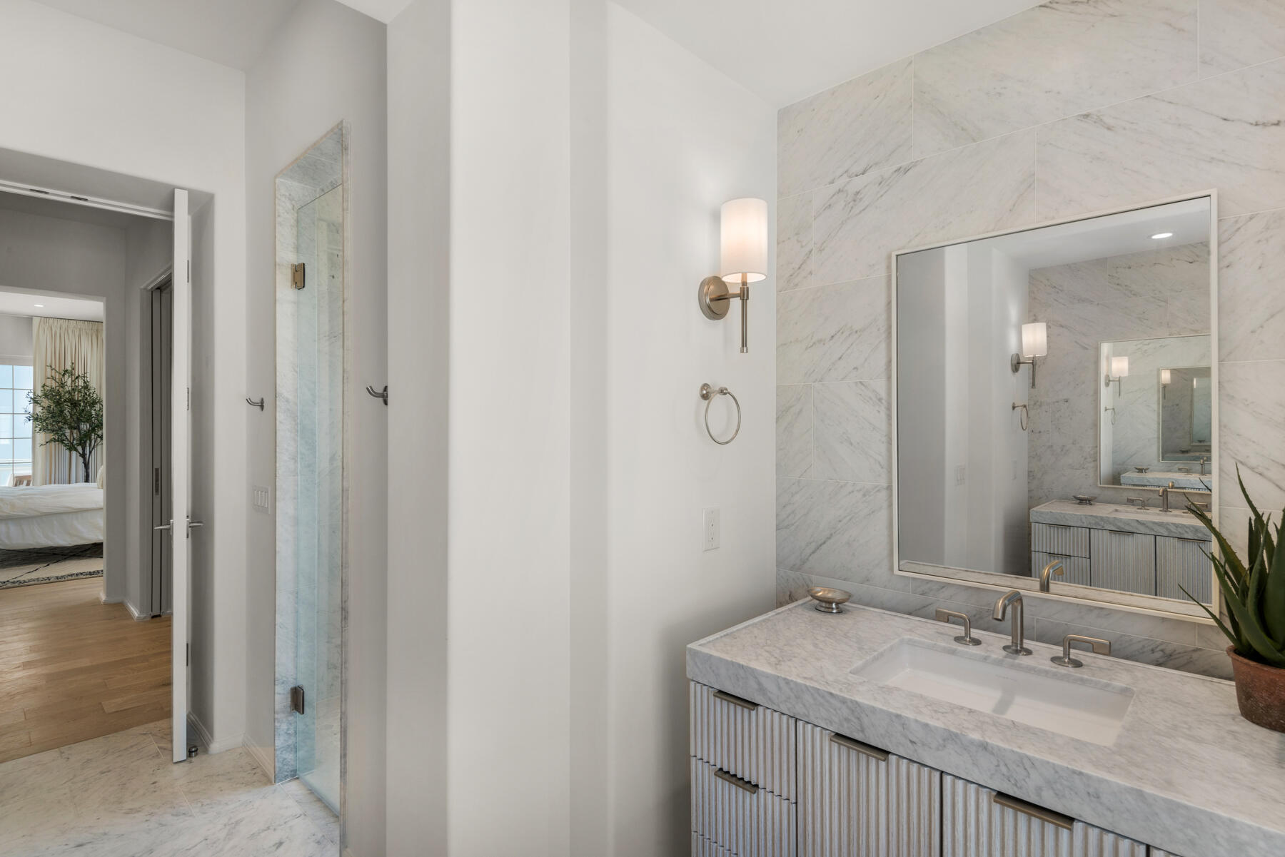 25 Stella Way Inlet Beach, Unit M 7 Inlet Beach, FL 32461 - Photo 23 of 48 a bathroom with a granite countertop sink and a mirror