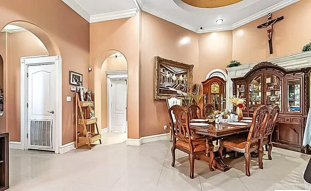 a view of a dining room with furniture