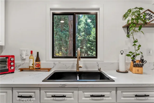 a kitchen sink with potted plants on it