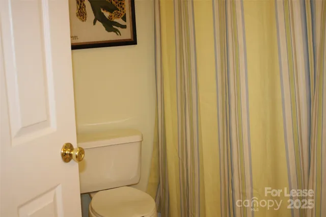 a bathroom with a toilet and a shower curtain