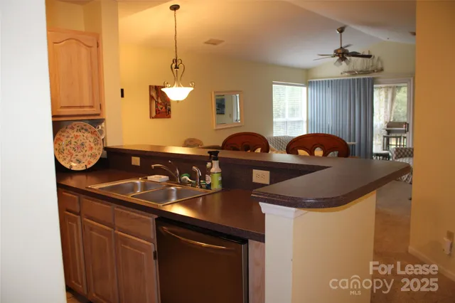 a kitchen with a sink a counter space and cabinets