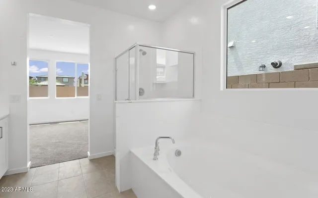 a bathroom with a bathtub and a shower