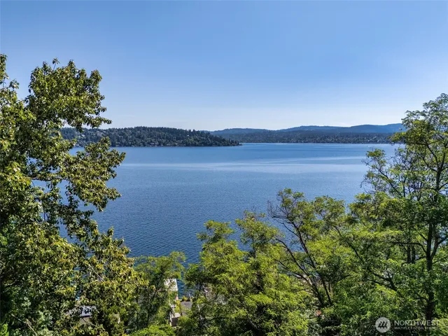 a view of a lake with a mountain in the background