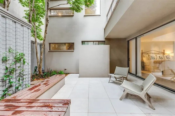 a backyard of a house with table and chairs
