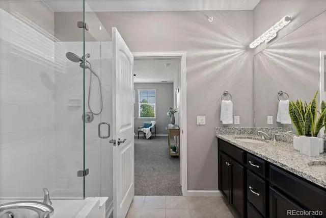a spacious bathroom with a granite countertop sink mirror and a shower