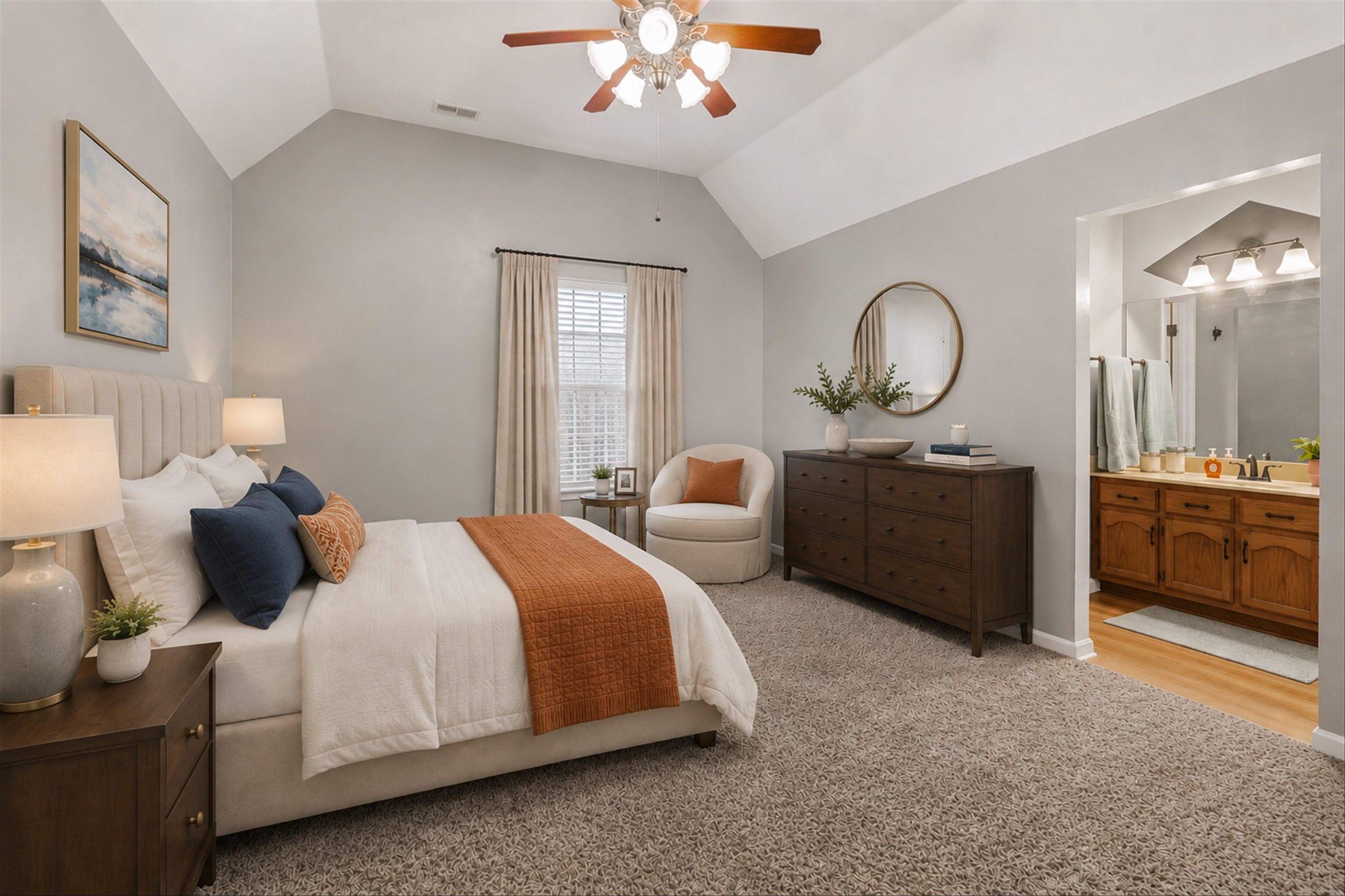 1379 Lagrange Downs Road Cordova, TN 38018 - Photo 12 of 35 Vaulted ceilings with a ceiling fan, plush carpeting, and a window with blinds and drapes