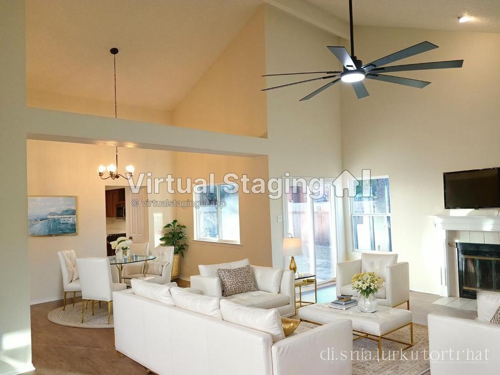 13236 Kerrville Folkway Austin, TX 78729 - Photo 8 of 16 a living room with furniture a fireplace and a flat screen tv