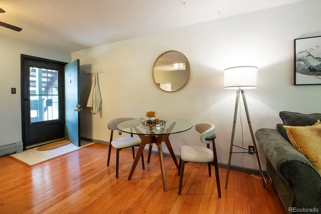 a view of a livingroom with furniture and wooden floor