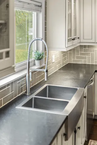 a view with a kitchen counter top space