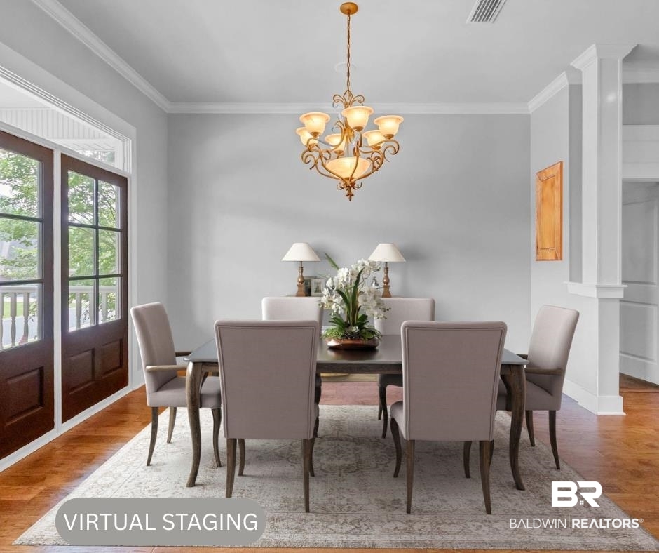 7854 Raegan Lane Daphne, AL 36527 - Photo 27 of 70 Dining space with a chandelier, crown molding, wood finished floors, and decorative columns
