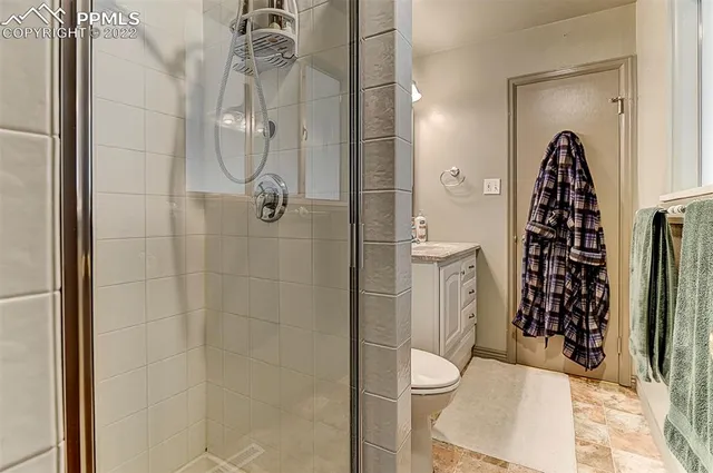 a bathroom with a shower a toilet and sink