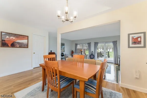 a view of a dining room with furniture wooden floor and chandelier