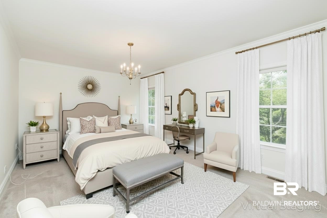 105 McHugh Lane Mobile, AL 36608 - Photo 5 of 30 VIRTUALLY STAGED: Bedroom with light carpet, crown molding, and a chandelier