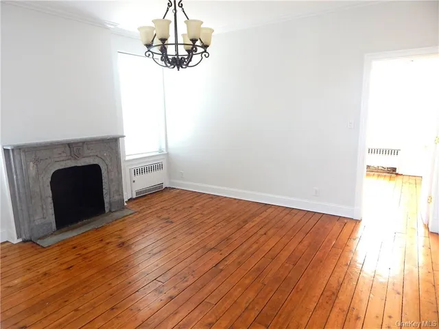 a view of empty room with wooden floor and fireplace