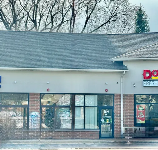 a view of a town with tall trees