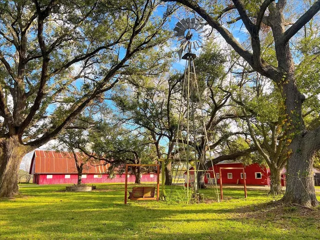 a building view with large trees