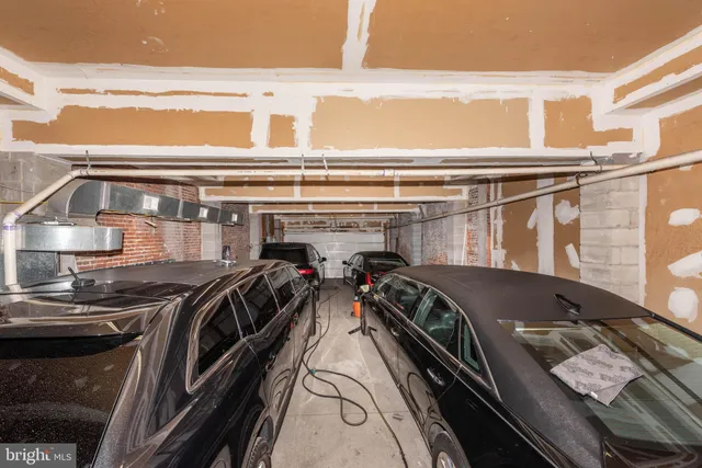 a view of a garage with clothes