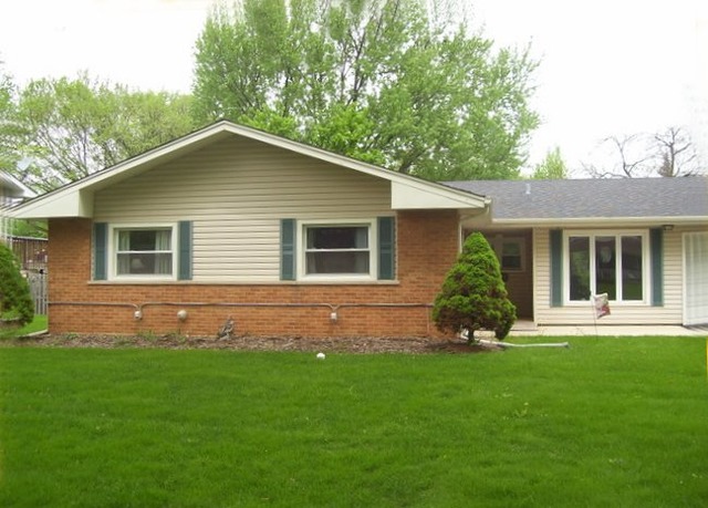 a backyard of a house with potted plants and large tree