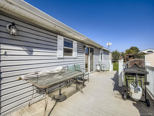a roof deck with table and chairs and potted plants