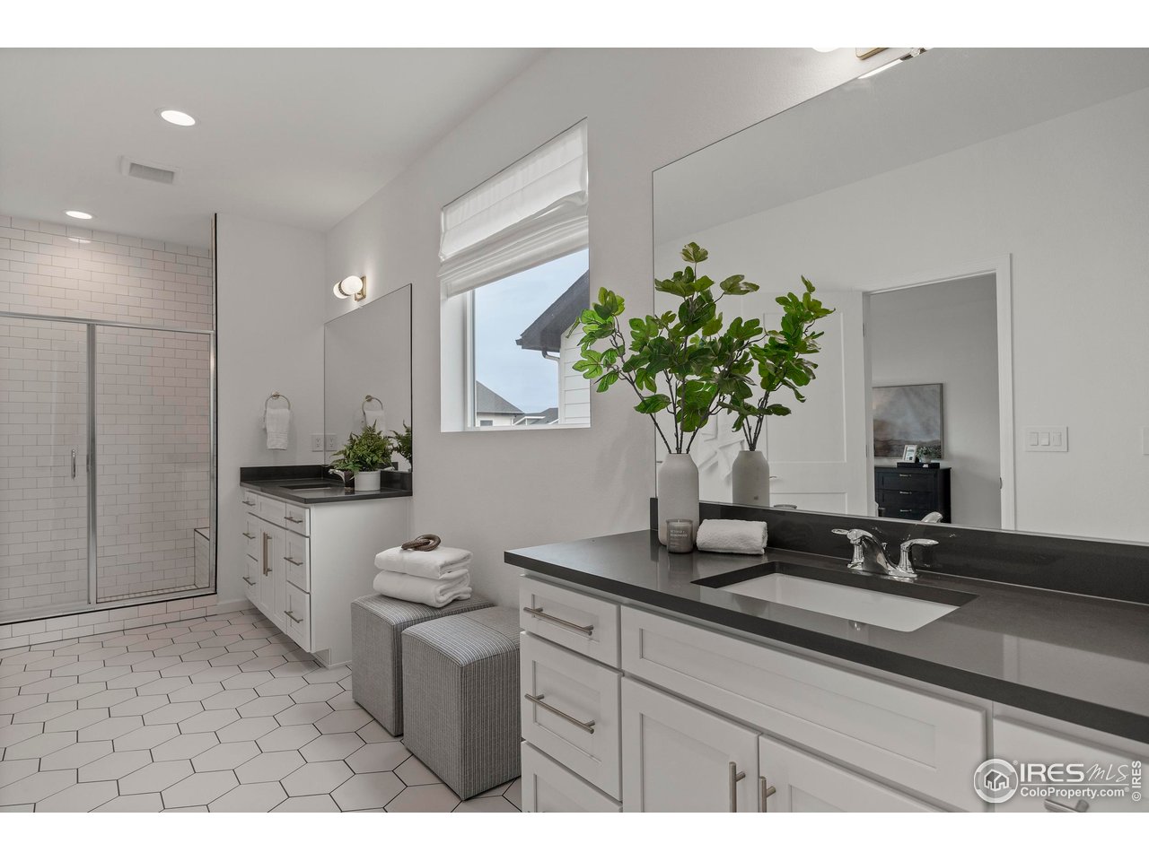 5070 Kidd Street Timnath, CO 80547 - Photo 23 of 42 a bathroom with a granite countertop sink a potted plant and a mirror