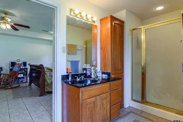 a bathroom with a sink a mirror and a shower