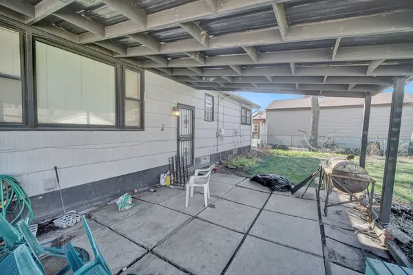 a garden view with a sitting space