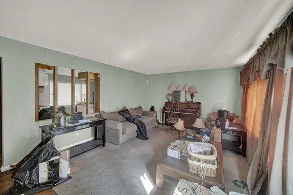 a living room with furniture rug and a window