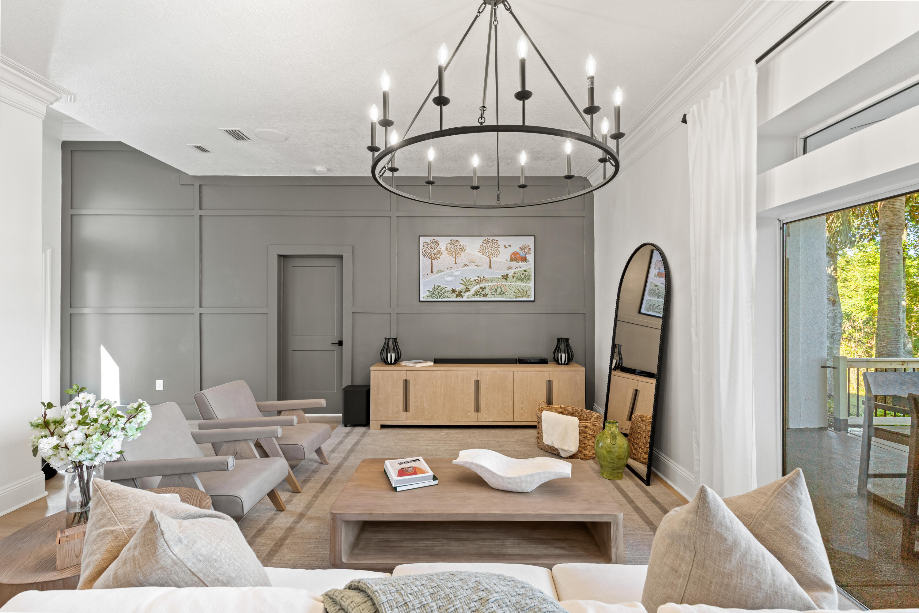 4591 Sailmaker Lane Destin, FL 32541 - Photo 6 of 41 a living room with furniture a chandelier and a large window