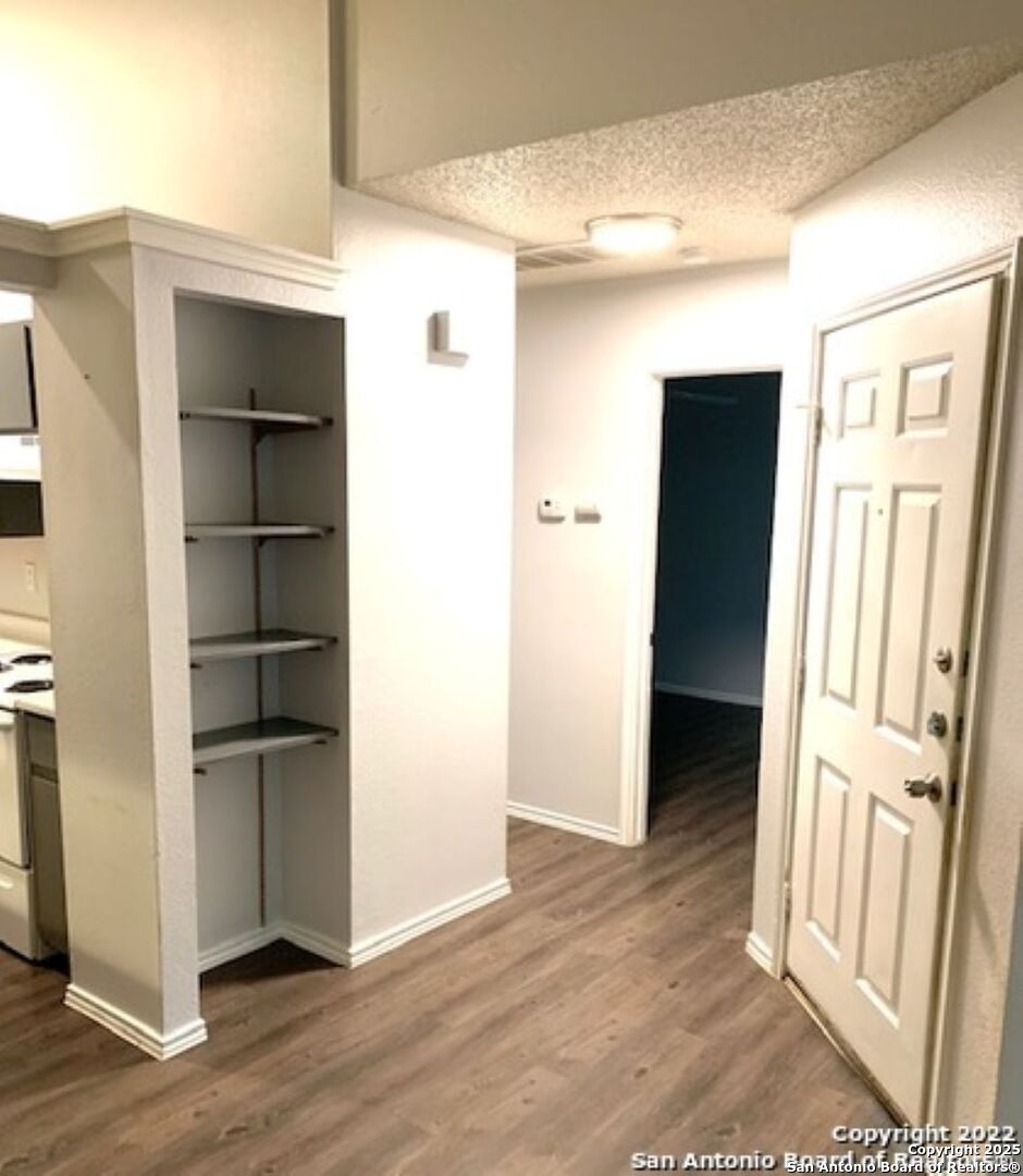 5230 Meadow Rise Street San Antonio, TX 78250 - Photo 10 of 30 a view of a hallway with wooden floor and closet
