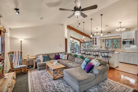 a living room with furniture ceiling fan and a rug