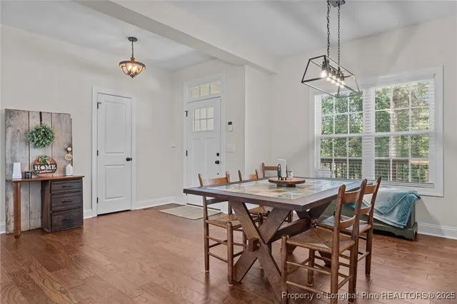 a view of a dining room with furniture window and wooden floor