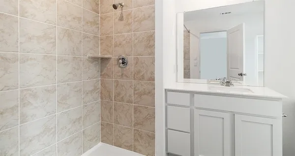 a bathroom with a shower sink and mirror