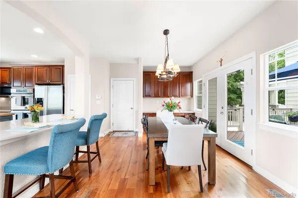 a view of a dining room with furniture window and wooden floor