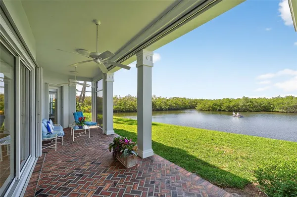 a view of a lake with a patio